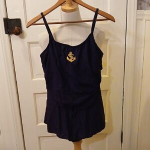Navy Blue Swimsuit with Anchor Embroidery